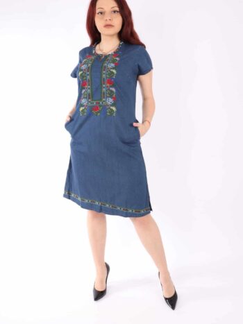 Rochie jeans traditionala cu broderie