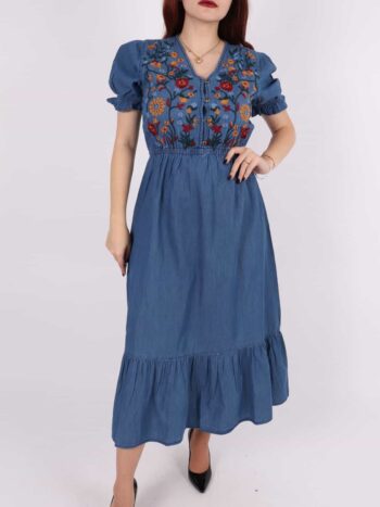 Rochie traditionala dama din jeans cu broderie