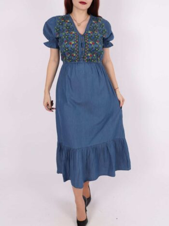 rochie traditionala jeans luga cu broderie florala