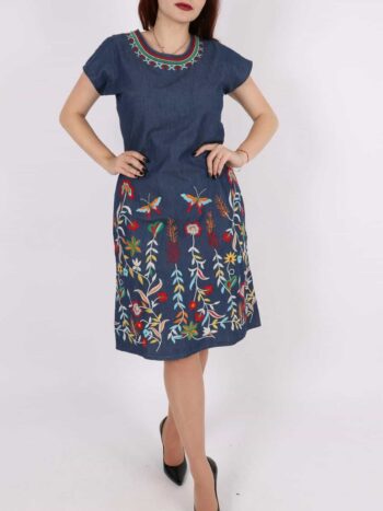 Rochie traditionala dama din jeans cu broderie