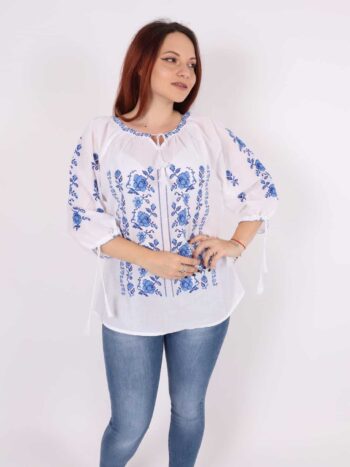 Ie traditionala din bumbac cu broderie florala albastra