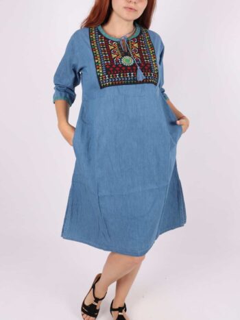 Rochie dama traditionala jeans cu broderie colorata