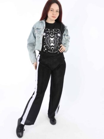 Pantaloni dama din catifea cu benzi albe