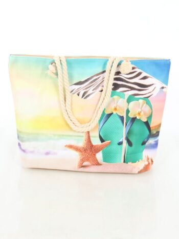 Geanta de plaja 30x45cm cu manere si inchidere prin fermoar.