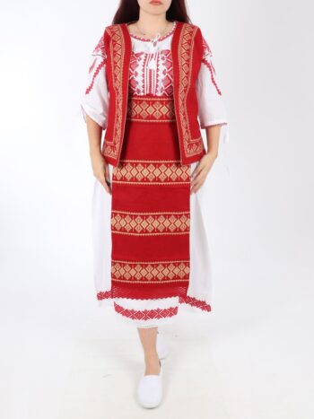 Costum traditional dama cu vesta, rochie, brau si fota traditionala.
