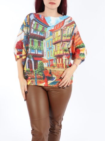 Pulover dama cu print multicolor.