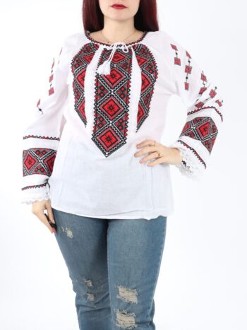 Ie traditionala dama cu maneca lunga, brodata pe panza alba de bumbac.