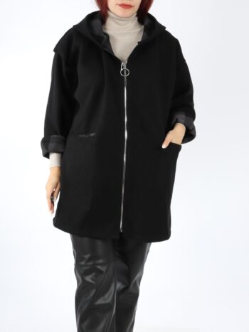 Palton dama cu gluga, inchidere prin fermoar si buzunare.