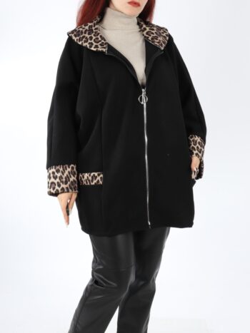 Palton dama cu guler animal print si buzunare.