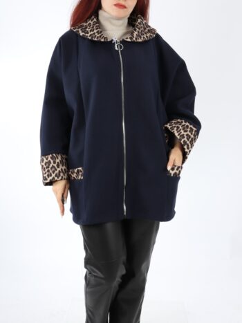 Palton dama cu guler animal print si buzunare.