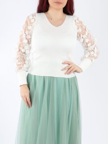 Pulover dama cu maneci din dantela