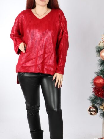 Pulover dama cu efect metalizat si decolteu