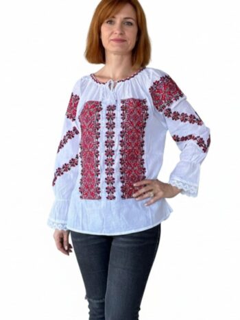 ie tradițională damă maneca lunga bumbac alb broderie rosie
