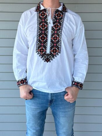Camasa traditionala barbateasca cu maneca lunga cu broderie rosu si negru