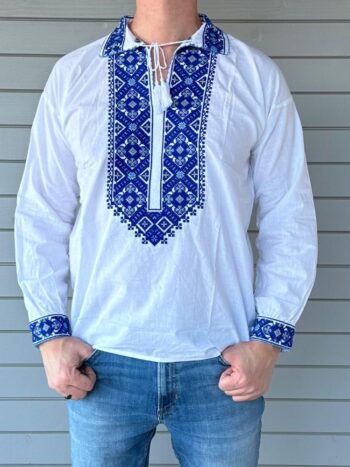 Camasa traditionala barbateasca cu maneca lunga cu broderie florala albastra